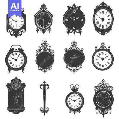 Aset desain premium: Collection of Ornate Vintage Clocks in Silhouette