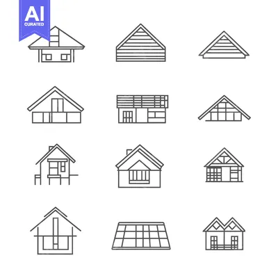 Aset desain premium: Collection of Outline House Icons with Different Roof Styles and Windo