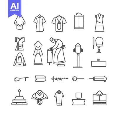 Aset desain premium: Collection of Outline Icons Depicting Clothing, Tools, and Objects