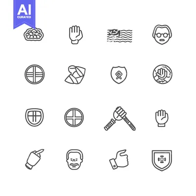 Premium design asset: Collection of Outline Icons Depicting Hand Gestures, Faces, Shields, a