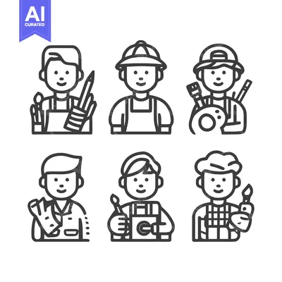 Aset desain premium: Diverse Professions Depicted in Minimalist Line Art Illustrations.