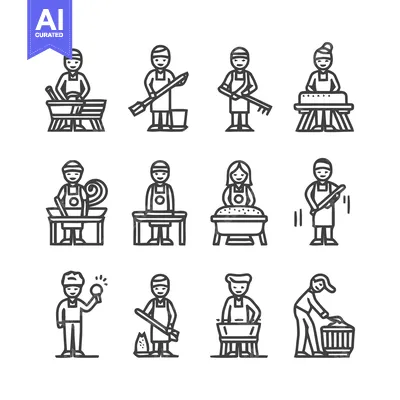 Aset desain premium: Line Art Illustrations of People Working in Various Professions.