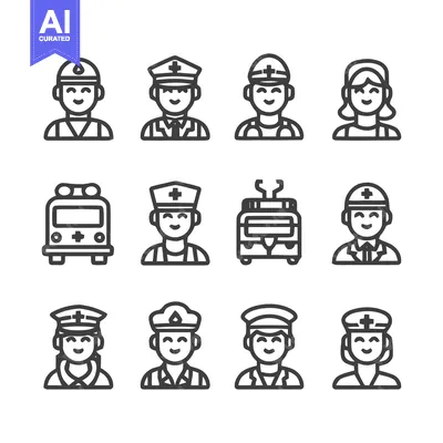 Aset desain premium: Diverse professions and transportation icons in a minimalist style.