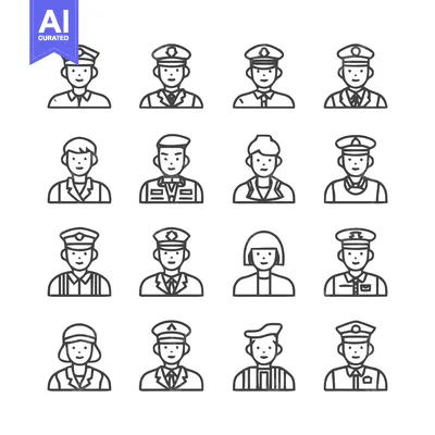 Aset premium populer: Collection of diverse people icons in uniform, line art style.