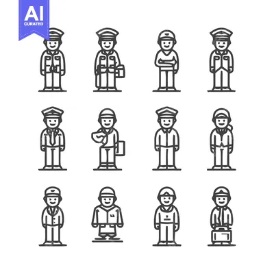 Aset premium populer: Collection of various line art people icons in uniform.
