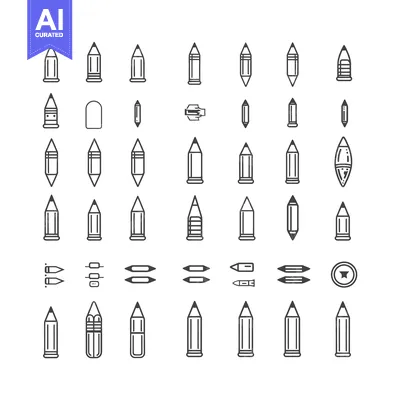 Aset desain premium: Collection of Pencil Icons in Various Styles and Orientations