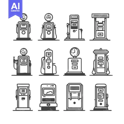 Aset premium populer: Gasoline Pump Icons - Vintage and Modern Fuel Dispensers.