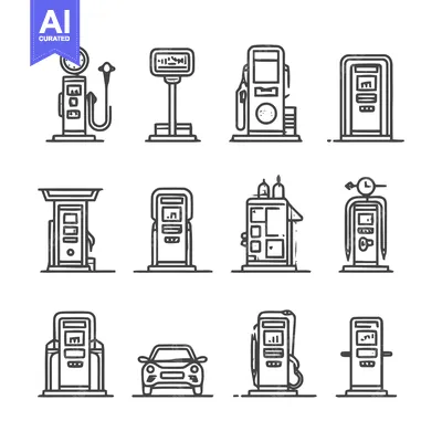 Aset premium populer: Gas station equipment and fuel pump icons set.