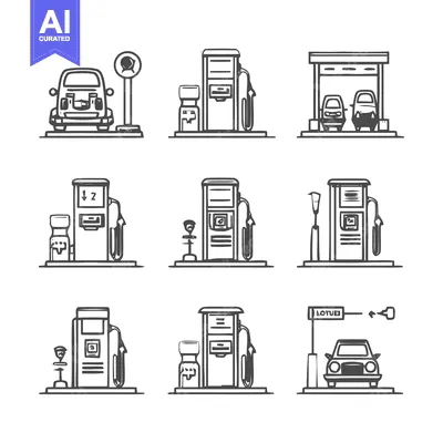 Aset desain premium: Gas station icons set, vector illustration, fuel, petrol, car.