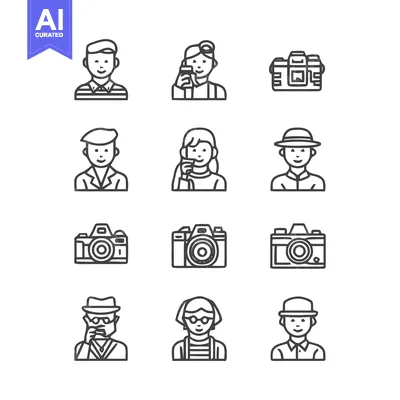Aset desain premium: People and Cameras - A Collection of Line Art Icons.