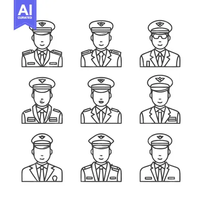 Aset desain premium: Uniformed individuals in a grid formation, line art style.