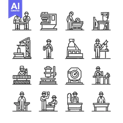 Aset desain premium: Factory workers and industrial machines in manufacturing process.