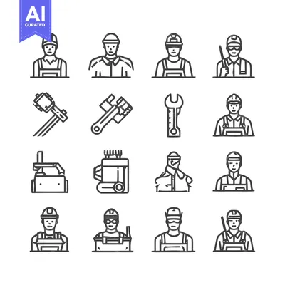 Aset premium populer: Construction Workers and Tools - A Line Art Illustration.