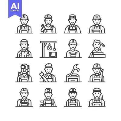 Aset premium populer: Diverse Line Art Illustrations of Construction Workers and Professiona