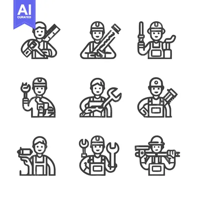 Aset desain premium: Construction Workers - A Collection of Line Art Icons for Various Prof
