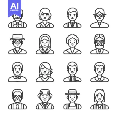 Aset desain premium: Diverse Line Art Portraits - A Collection of People Icons.