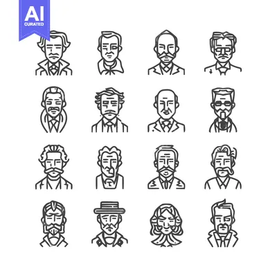 Aset premium populer: Collection of Line Art Portraits Depicting Diverse Individuals.