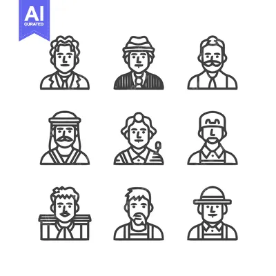 Aset desain premium: Diverse Line Art Portraits Depicting Various Professions and People.