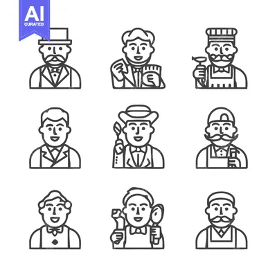 Aset desain premium: Diverse Professions - A Collection of Line Art Illustrations.