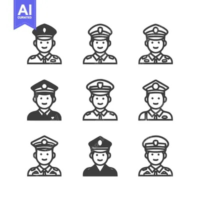 Aset premium populer: Police Officer Icons - Diverse Uniforms and Expressions.