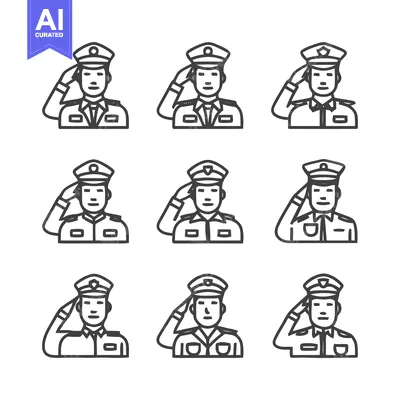 Premium design asset: Police Officer Salute Set - Uniformed Figures in Line Art.