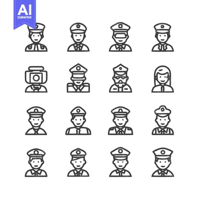 Aset desain premium: Police Officer Icons - Diverse Uniforms and Professions Depicted.