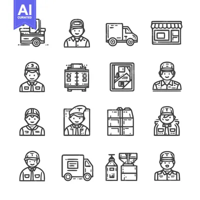 Popular premium asset: Collection of various delivery and worker icons in a row.