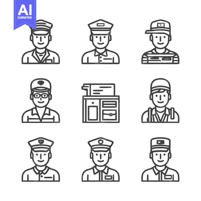 Aset premium populer: Collection of various people in uniforms and hats, line art.