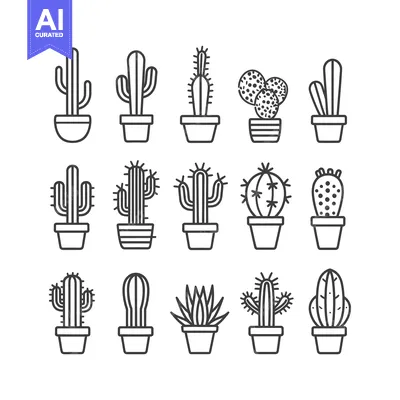 Aset desain premium: Collection of Potted Cactus and Succulent Plant Line Icons