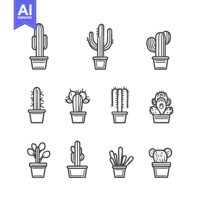 Aset desain premium: Collection of Potted Cactus Line Drawings