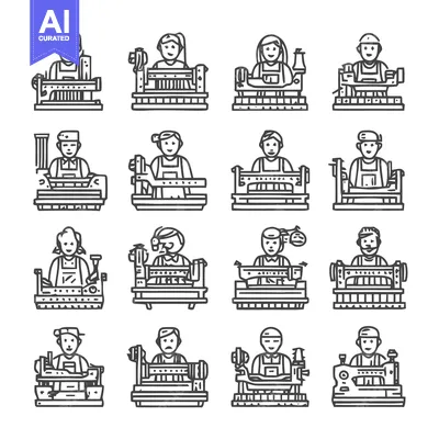 Aset desain premium: People working on textile machines in a factory, line art illustration