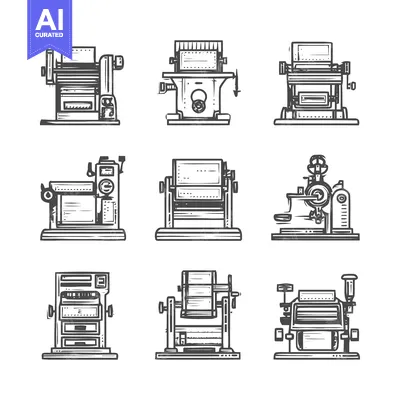 Aset premium populer: Vintage Printing Press Illustrations - A Collection of Antique Machine