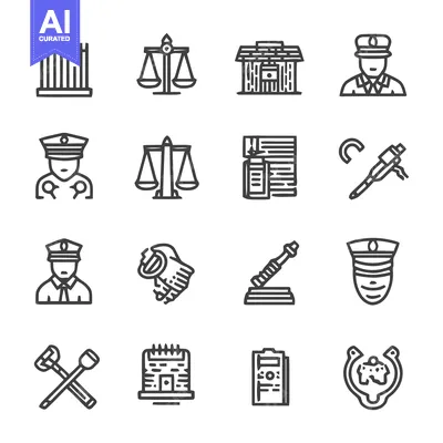 Collection of Justice and Law Enforcement Icons in Minimalist Style.