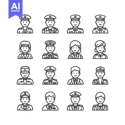 Aset premium populer: Collection of various military personnel icons in a line art style.