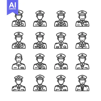 Collection of Police Officer Icons in Uniforms and Hats.