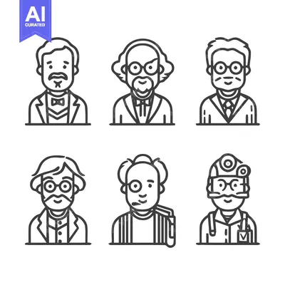 Aset premium populer: Line art portraits of six different men with glasses and various outfi