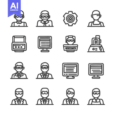 Premium design asset: Collection of various line art icons representing people and technolog