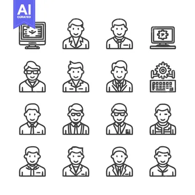 Aset desain premium: Collection of business people and computer icons in a row.