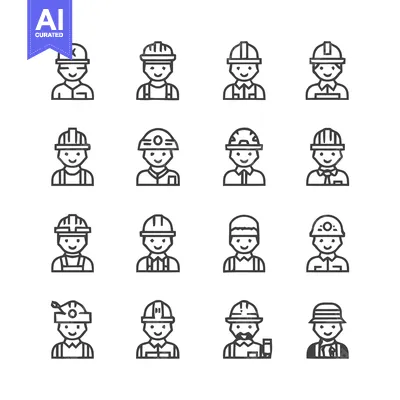 Aset desain premium: Construction Workers - A Diverse Collection of Line Art Icons.