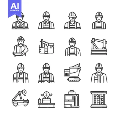 Aset premium populer: Construction Workers and Equipment - Line Art Icons Set.