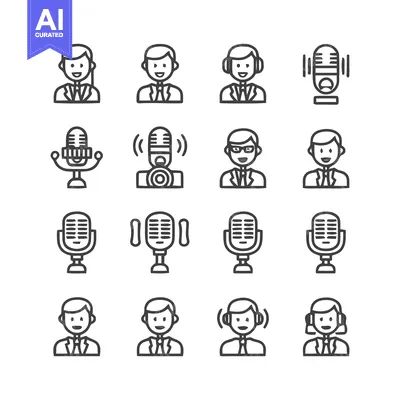 Aset desain premium: Podcast Icons - Diverse Collection of Audio and People Illustrations.