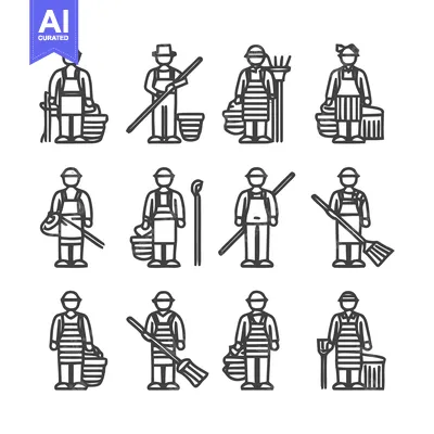 Aset desain premium: Cleaning Crew Icons - A Collection of Housekeeping and Janitorial Work
