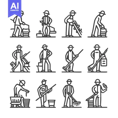 Aset desain premium: Construction Workers in Various Poses - A Vector Illustration.