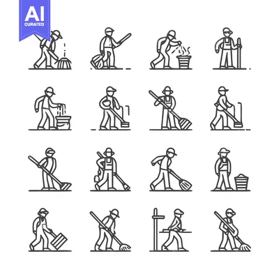 Aset desain premium: Collection of Line Art Illustrations Depicting Janitors Cleaning Vario