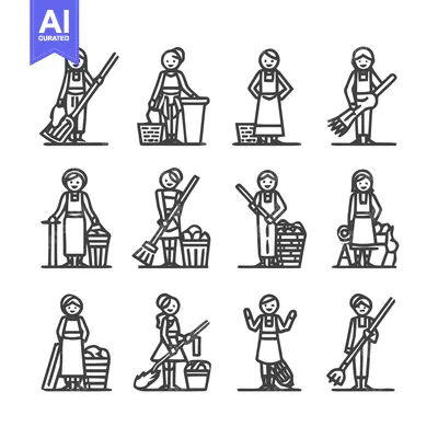 Cleaning Lady Icons - A Collection of Housekeeping Illustrations.