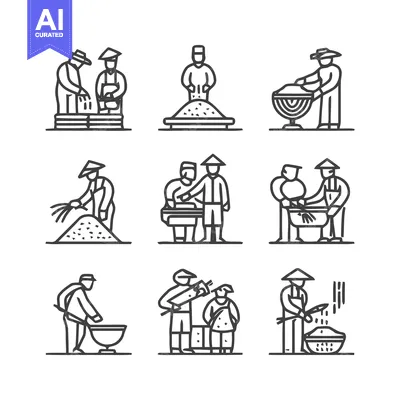 Aset premium populer: Line art illustrations of people working with food.