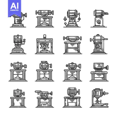 Aset desain premium: Vintage Industrial Machinery Collection - Detailed Line Art Illustrati