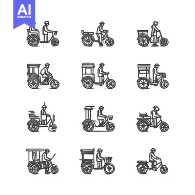 Aset premium populer: Collection of various rickshaw illustrations in black and white.