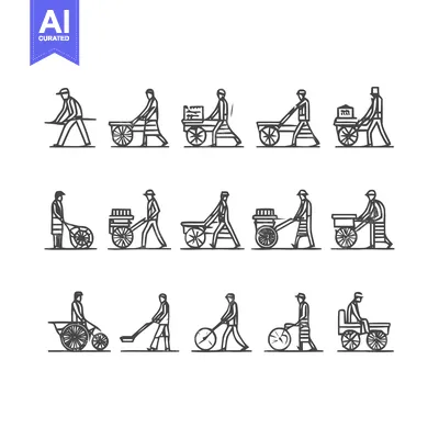 Aset desain premium: Collection of Hand-Drawn Illustrations of Street Vendors and Carts.