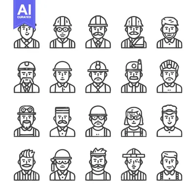 Premium design asset: Diverse Construction Workers and Professionals in Line Art.